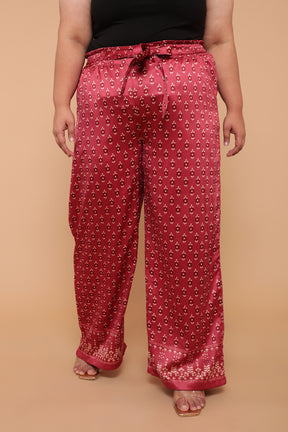 Red Border Ethnic Print High Waist Satin Pants