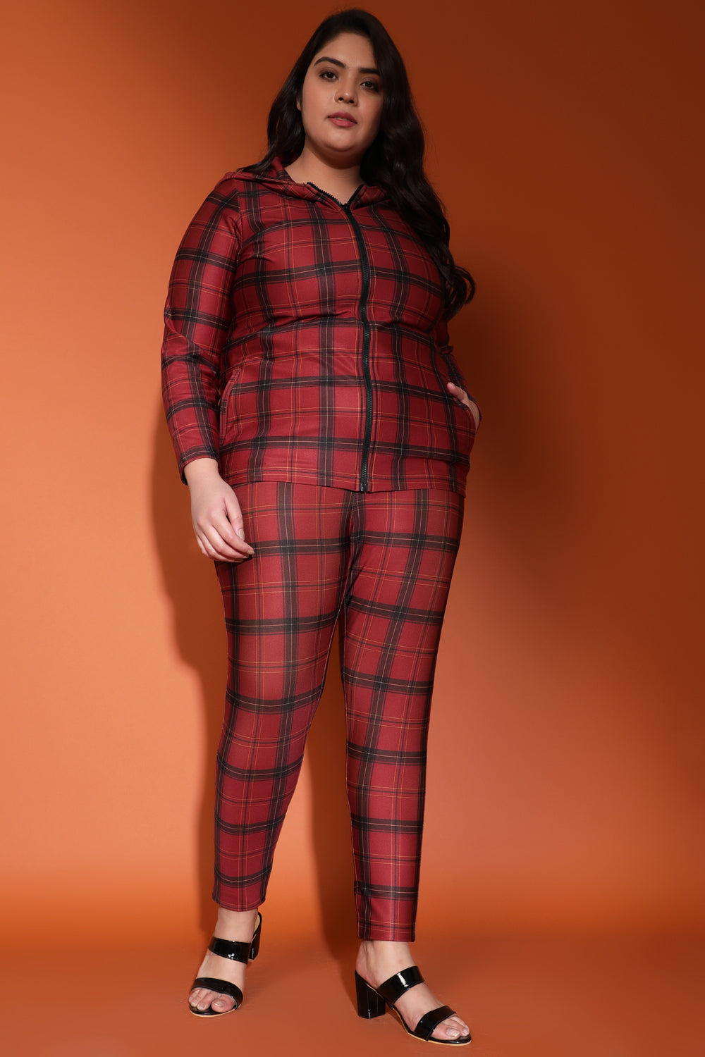 amydus red black check warm winter big size blended fleece leggings