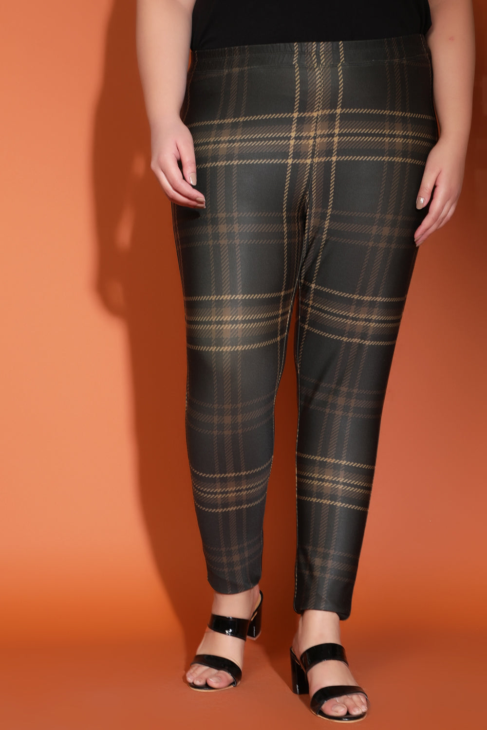 Plus Size Dark Tan Check Warm Winter Fleece Leggings