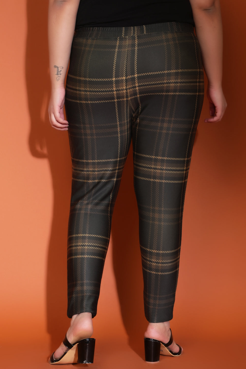 Dark Tan Check Warm Winter Fleece Leggings for Women