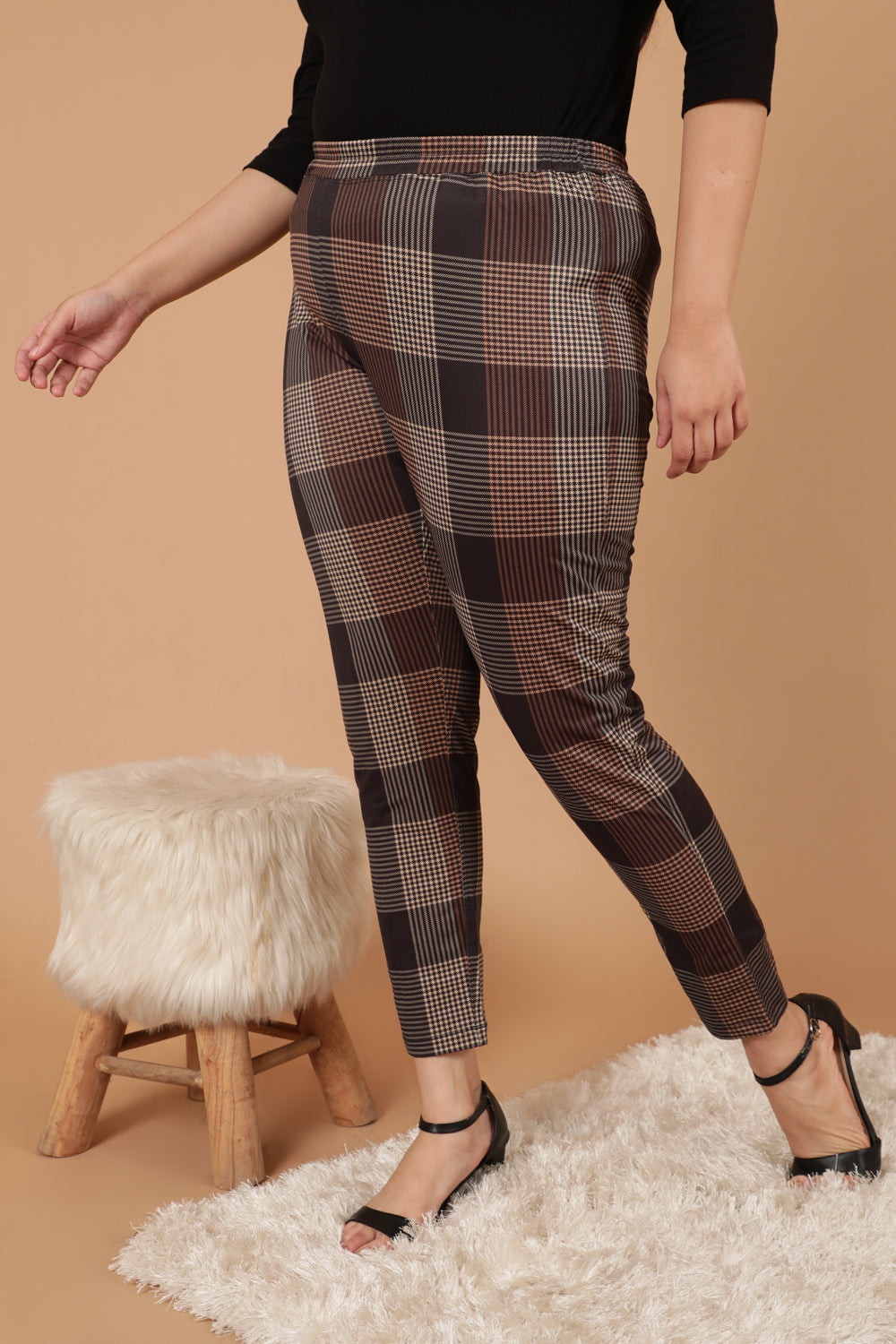 Brown Black Check Art Warm Winter Fleece Leggings for Women