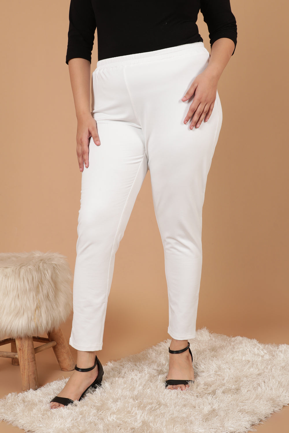 Plus Size White Essential Warm Winter Fleece Leggings for Women