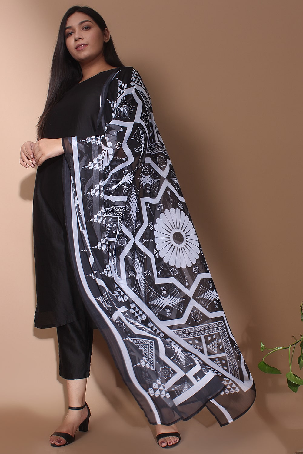 Black Monochrome Mural Dupatta