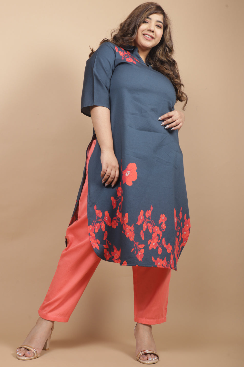 Amydus Teal Red Floral Printed Plus Size Cotton Kurti