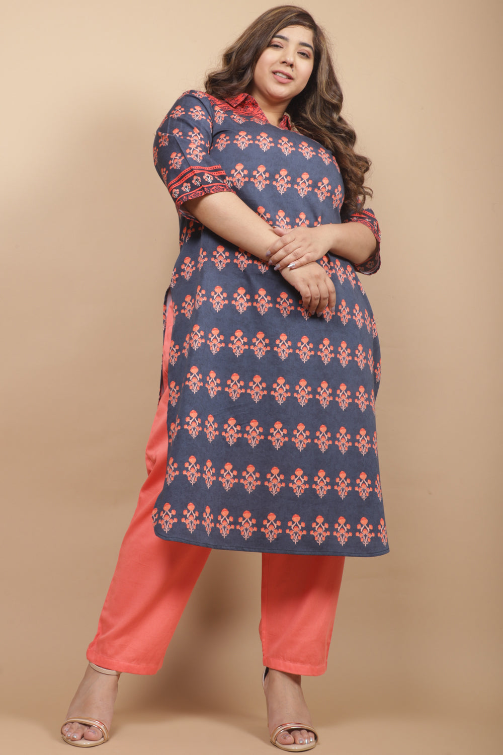 Amydus Teal & Red Printed Plus Size Cotton Kurti