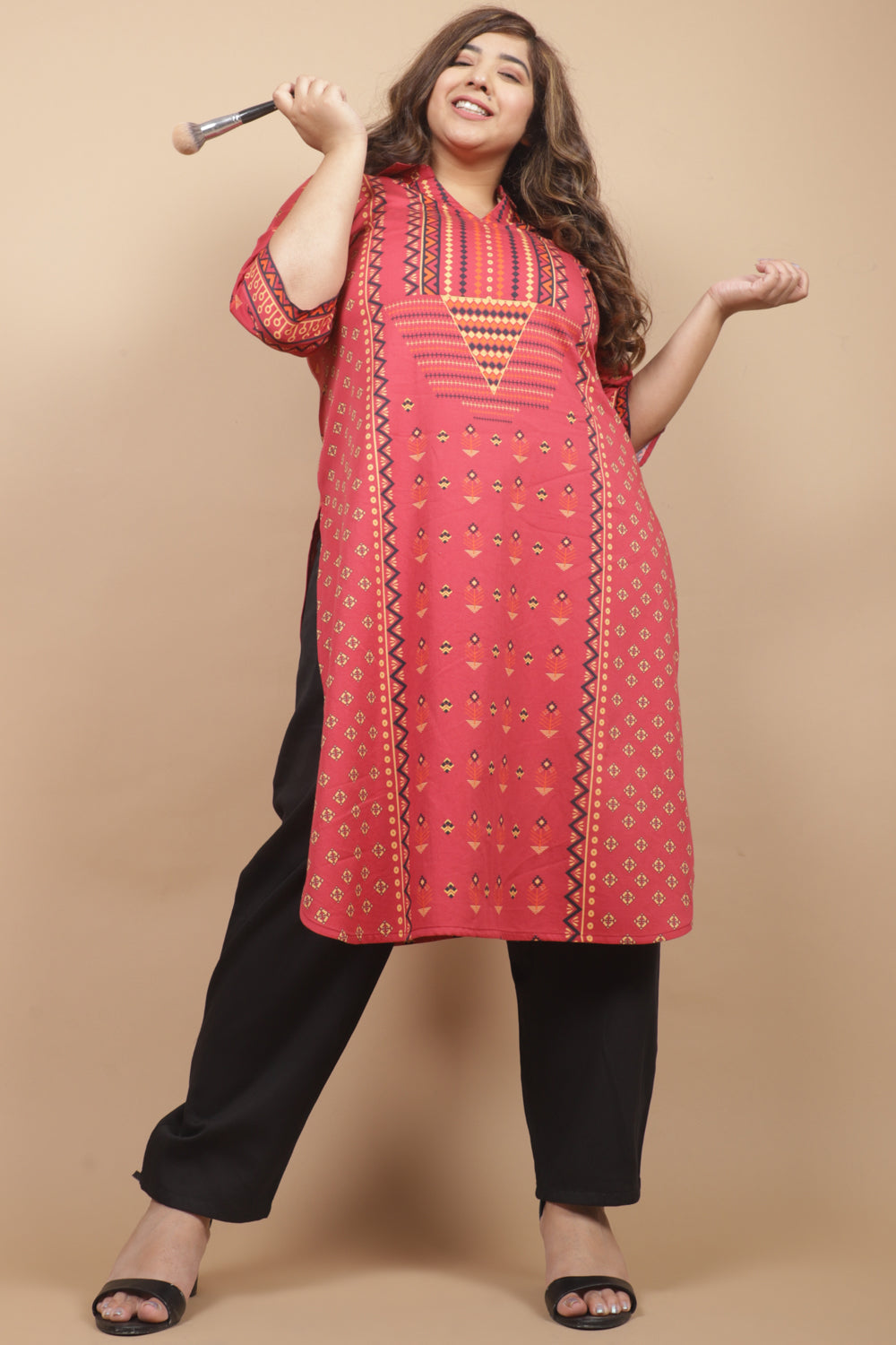 Amydus Red Yoke Printed Plus Size Cotton Kurti