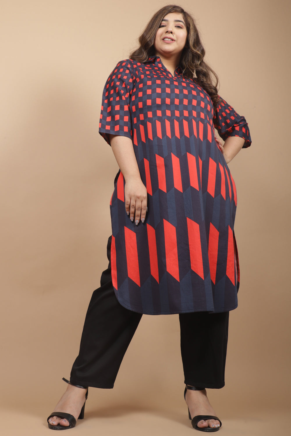 Amydus Teal Red Chevron Play Plus Size Cotton Kurti