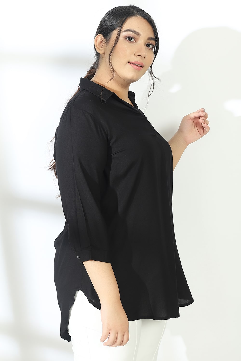 Black Centre Pleat Collar Top for Women