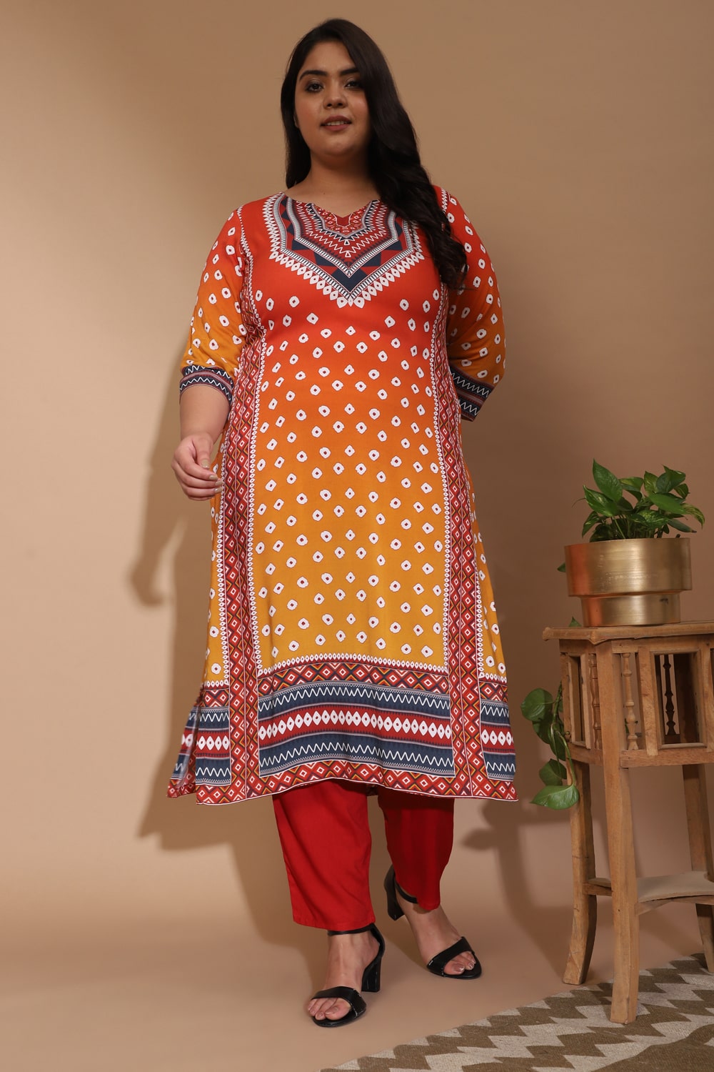 Red Yellow Ombre Bandhej Kurta