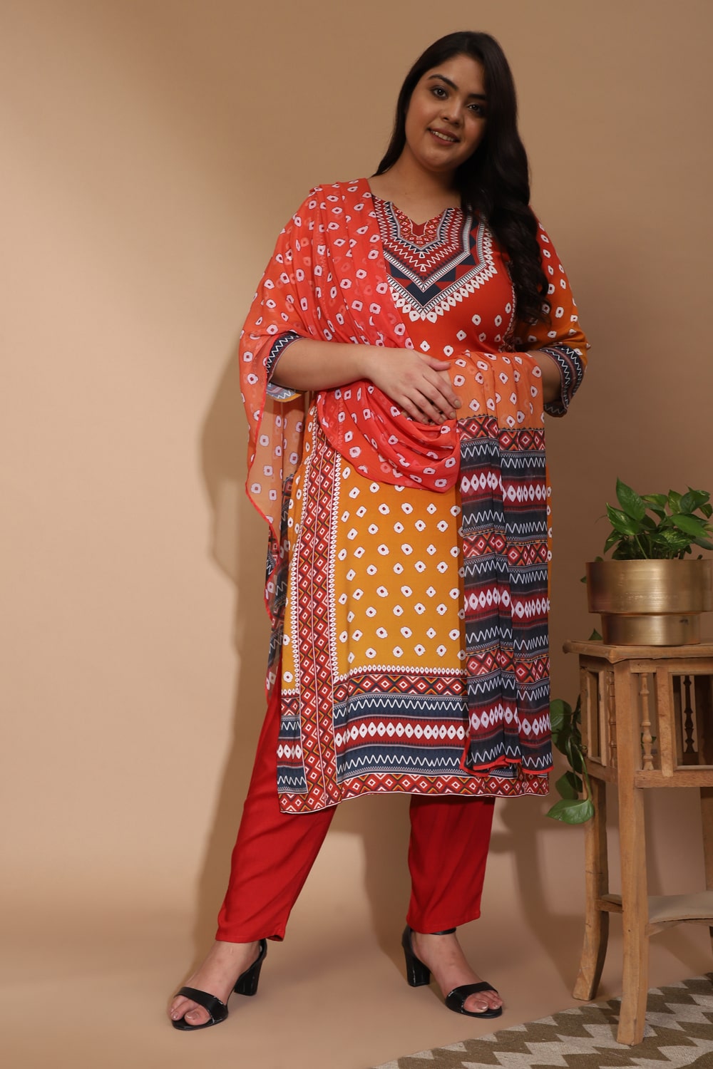 Red Yellow Ombre Bandhej Kurta