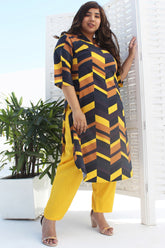 Amydus Chevron Play Yellow Brown Printed Plus Size Cotton Kurti