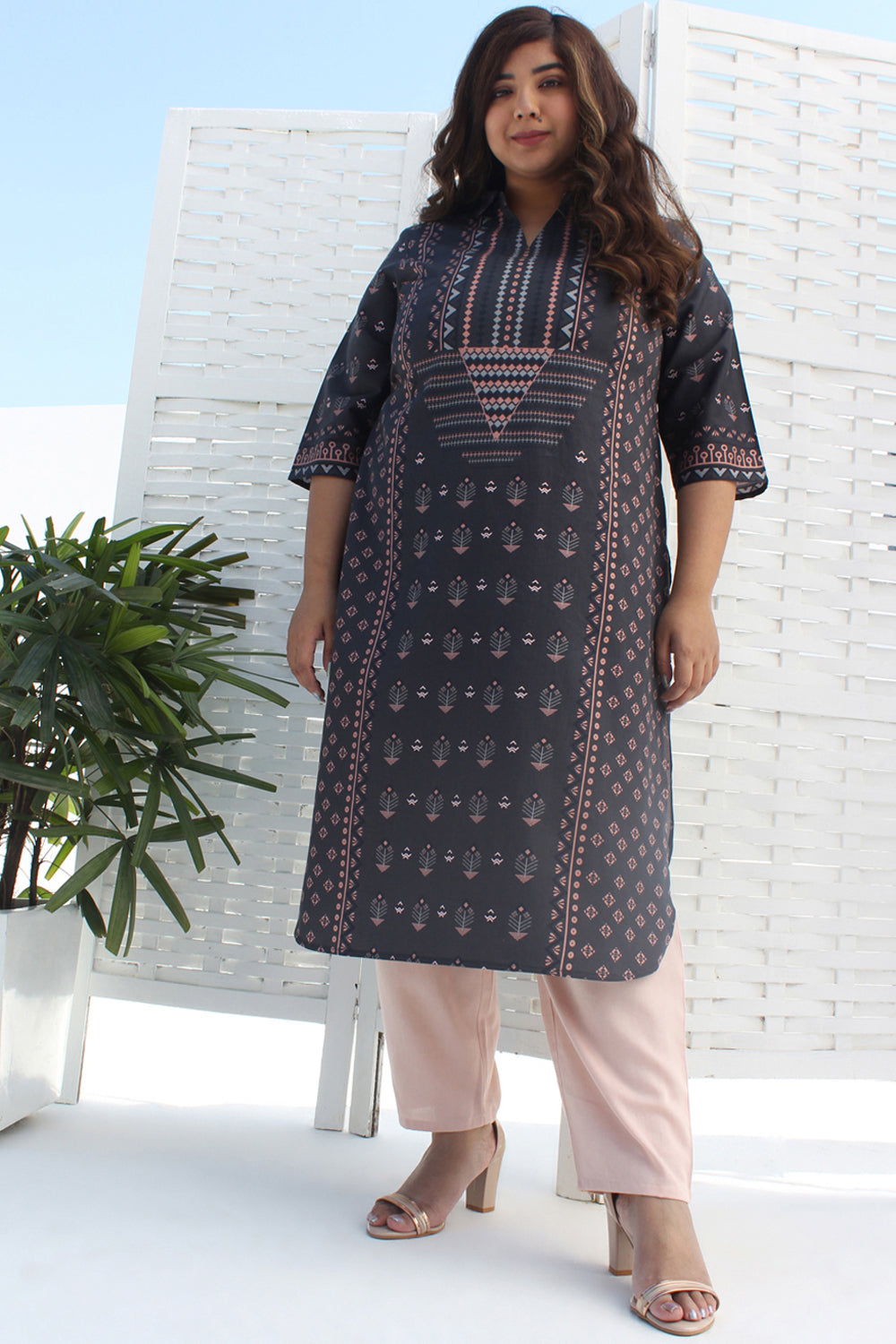 Amydus Grey Yoke Printed Plus Size Cotton Kurti