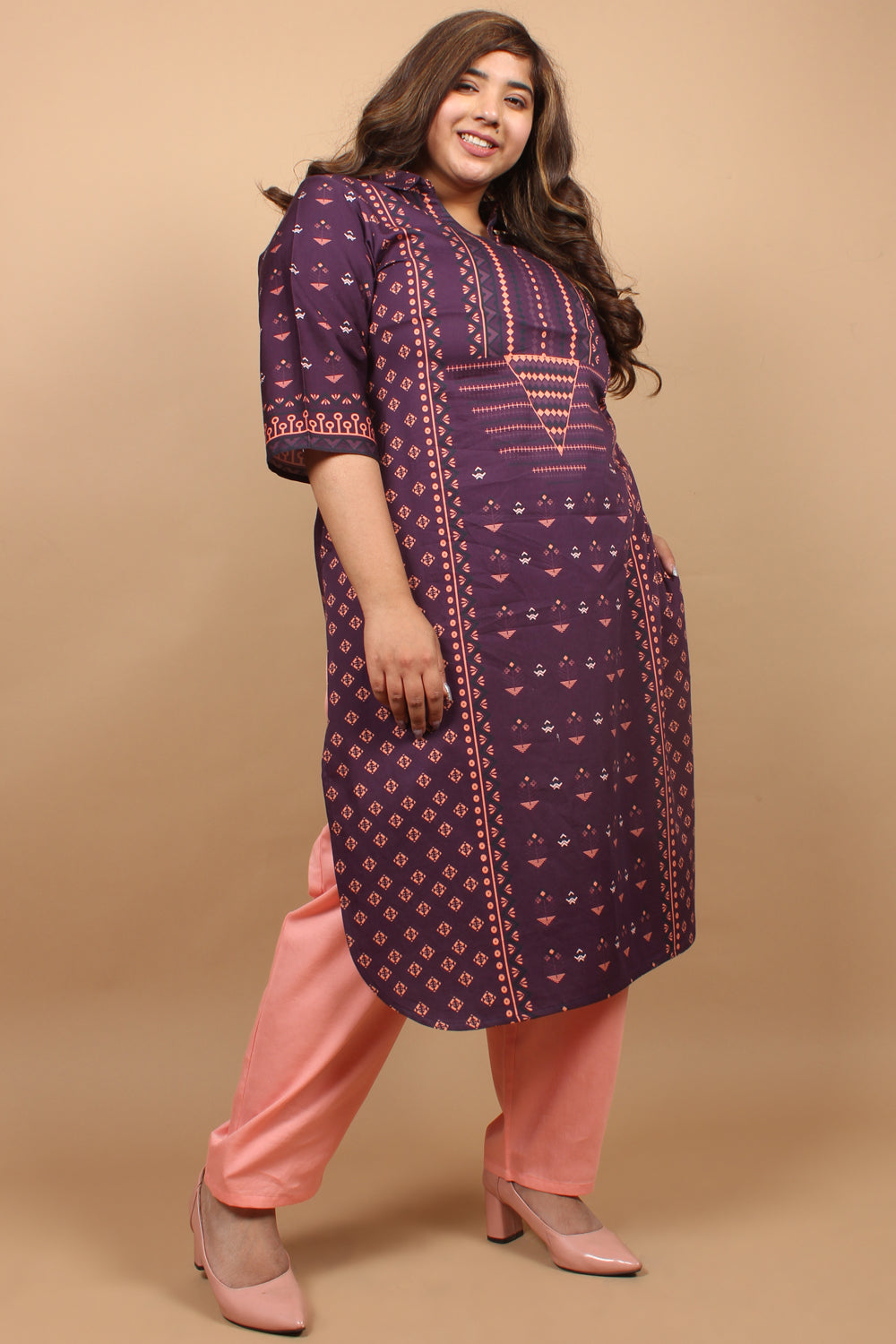 Amydus Dark Ruby Yoke Printed Plus Size Cotton Kurti