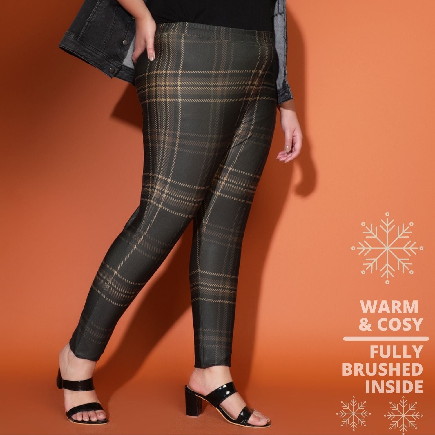 Comfortable Dark Tan Check Warm Winter Fleece Leggings